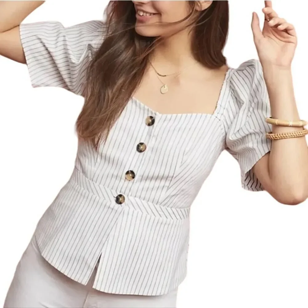 MAEVE ANTHROPOLOGIE Women's Cotton Striped Button Down Peplum Top White Size 10